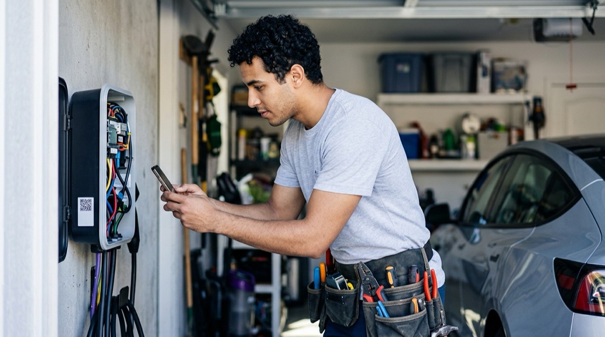An electrician scans the QR code on an EV charger in a garage.