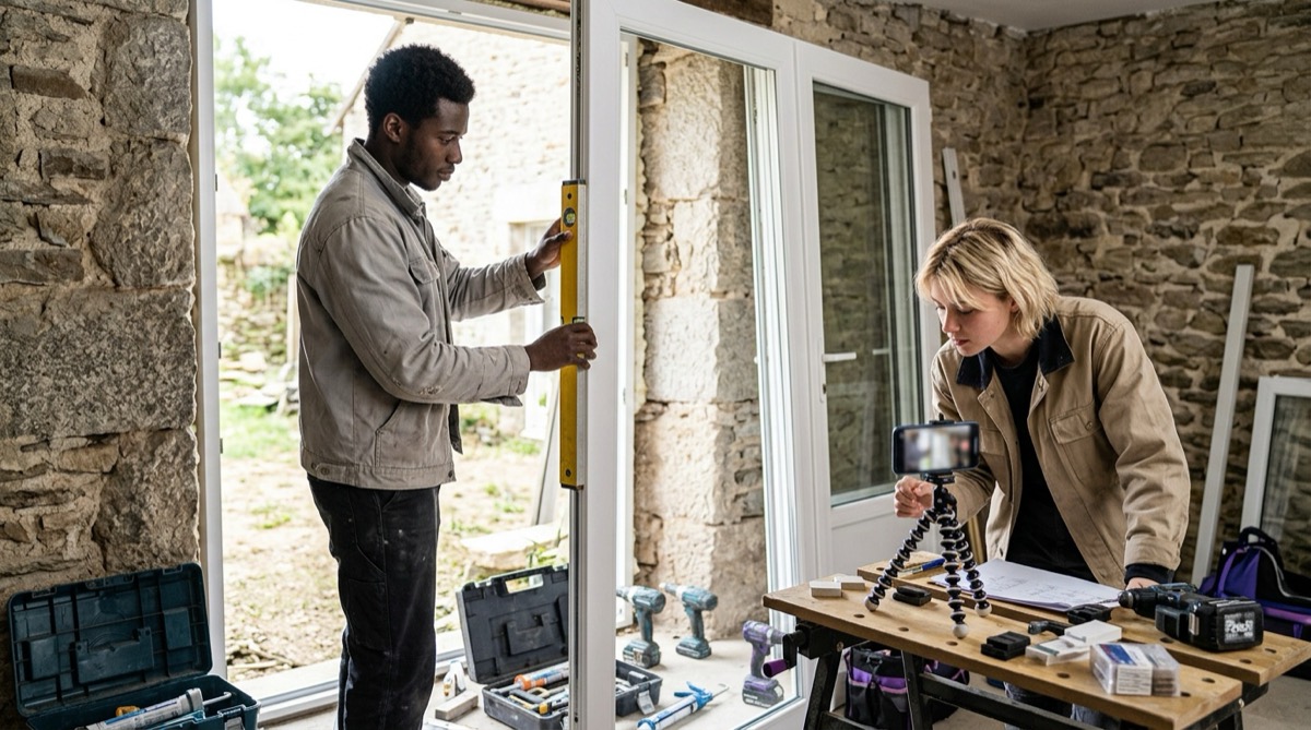 A fitter and an apprentice install a PVC French door while following a video on a smartphone.
