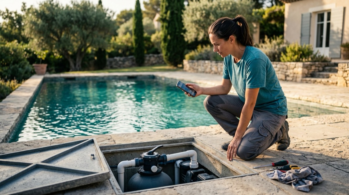 Une pisciniste consulte une vidéo sur son smartphone au bord d’une piscine, à côté du local de filtration.