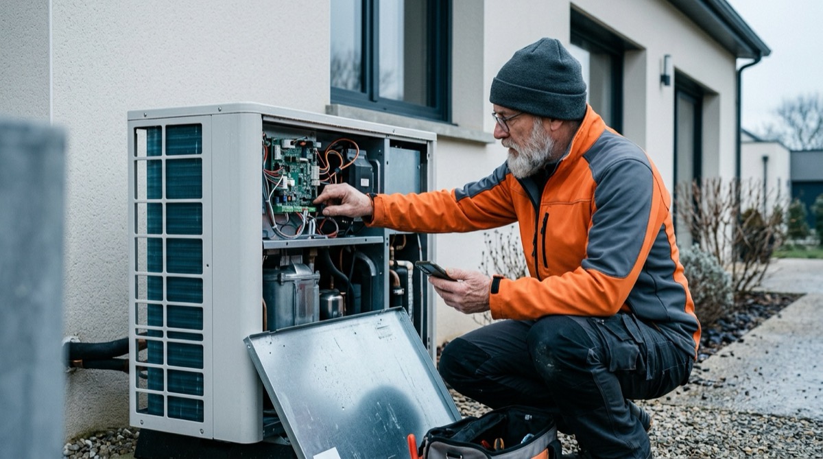 A heating engineer adjusts a heat pump while watching a tutorial on a smartphone.