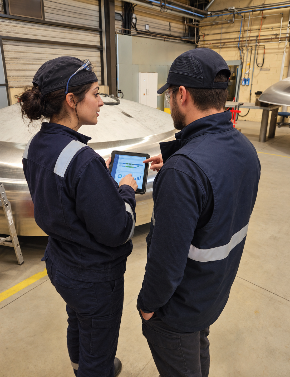Two technicians consult a tablet together in an industrial workshop.